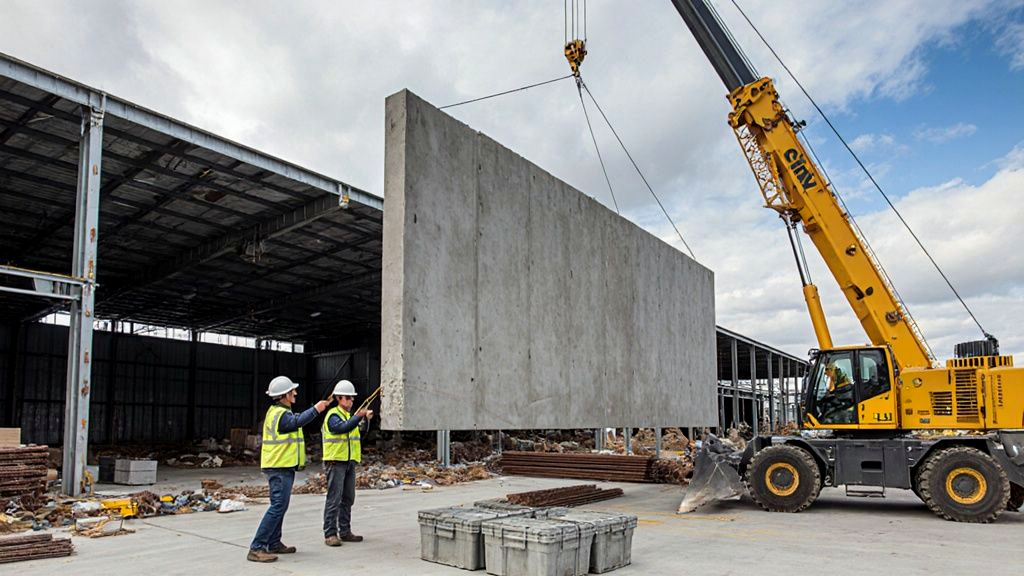 Crew lifting a large precast concrete wall panel into place on the side of a commercial building under construction
