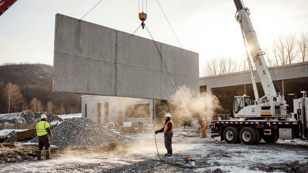 Crane lifting a precast concrete wall panel onto a commercial site in winter New Hampshire conditions, the preferred building systems NH contractors are increasingly choosing for cold-climate speed.