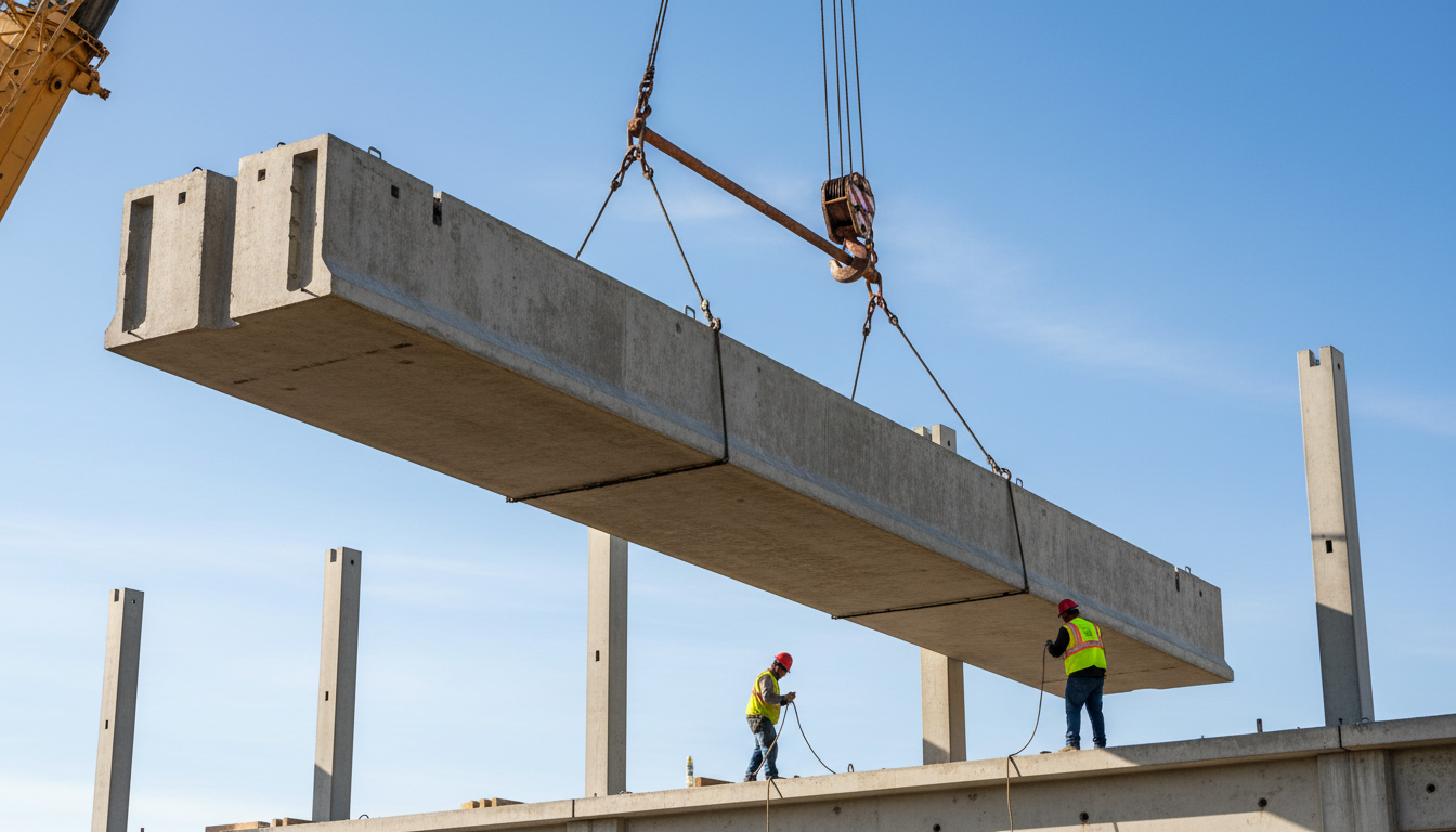 Crane lifting a precast double tee into place on a commercial structure with steel framing in the background