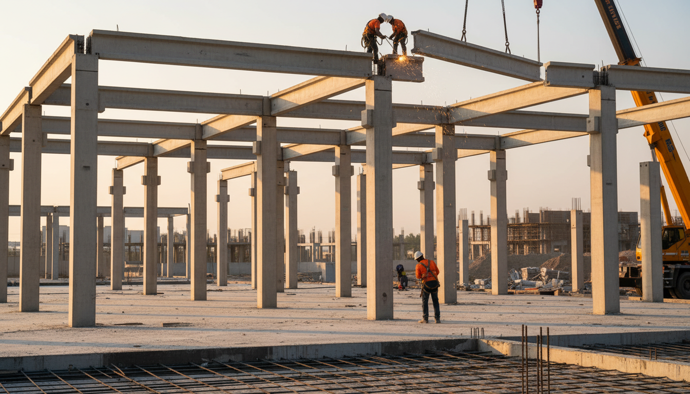 Precast concrete columns and double tees erected on a commercial site with workers connecting structural elements