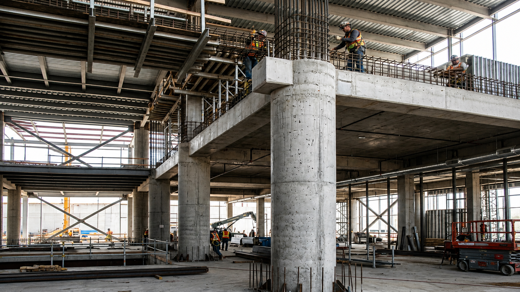 Construction workers in safety gear work on the upper level of a large building site with exposed concrete columns, beams, scaffolding, and construction equipment visible throughout the open, unfinished structure.