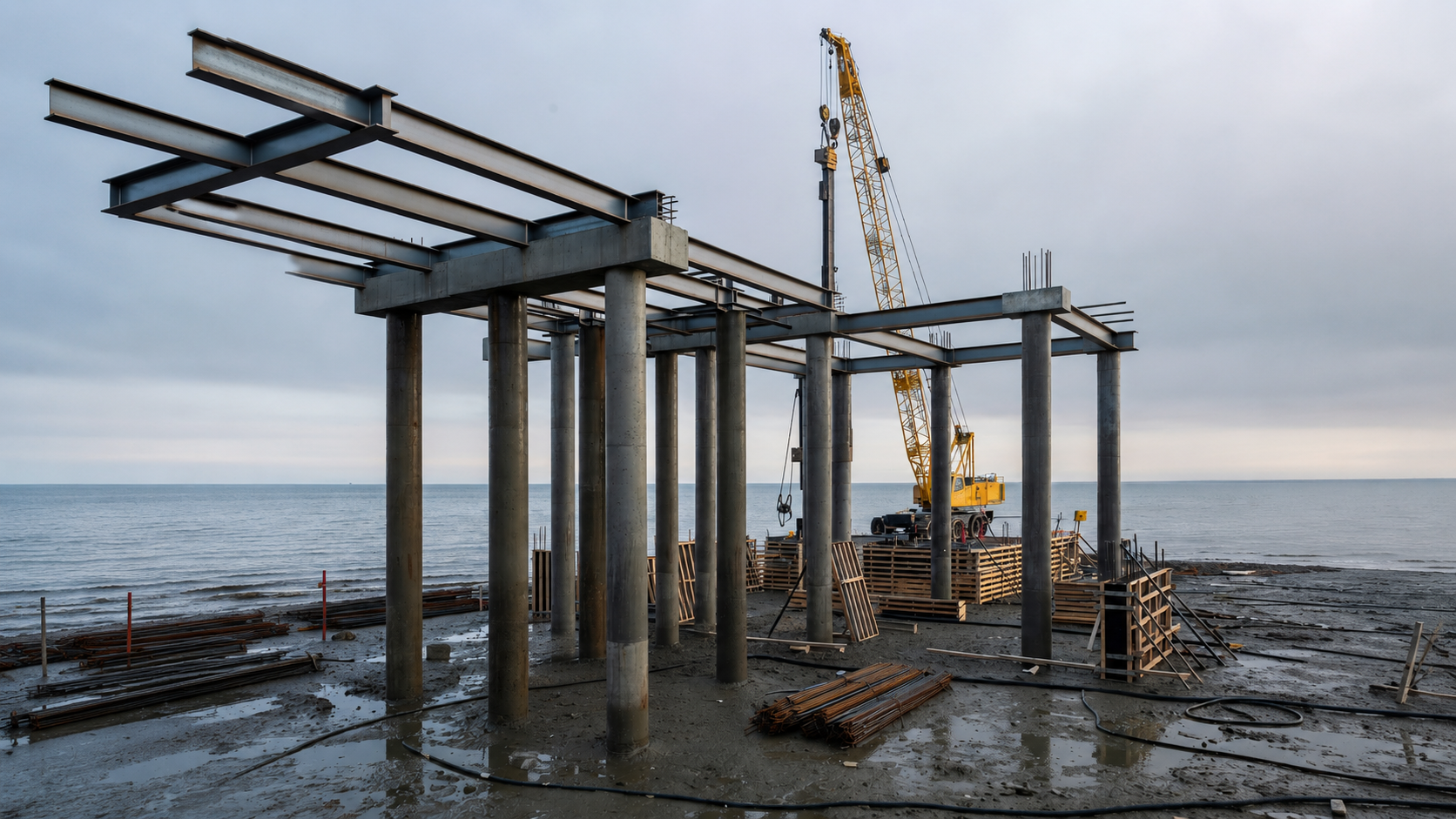 Pile vs pier foundation construction site with concrete columns, steel beams, and a crane near the shoreline for marine infrastructure work.