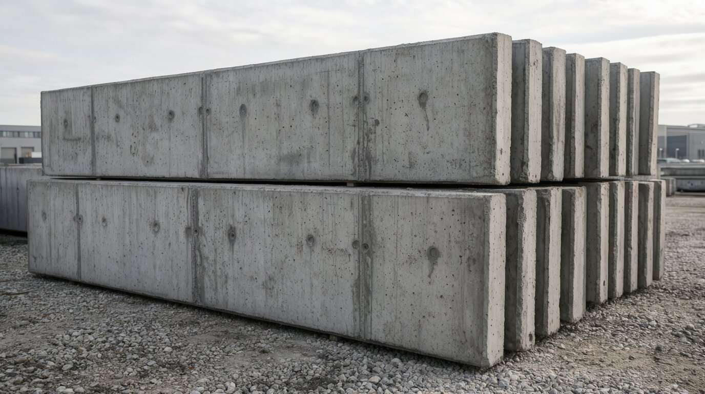 Stacked precast concrete wall panels stored at a construction yard before installation