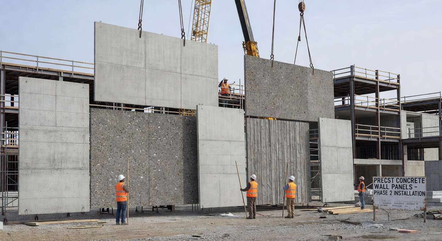 Crane installing precast concrete wall panels at a commercial construction site while workers guide the panels into place