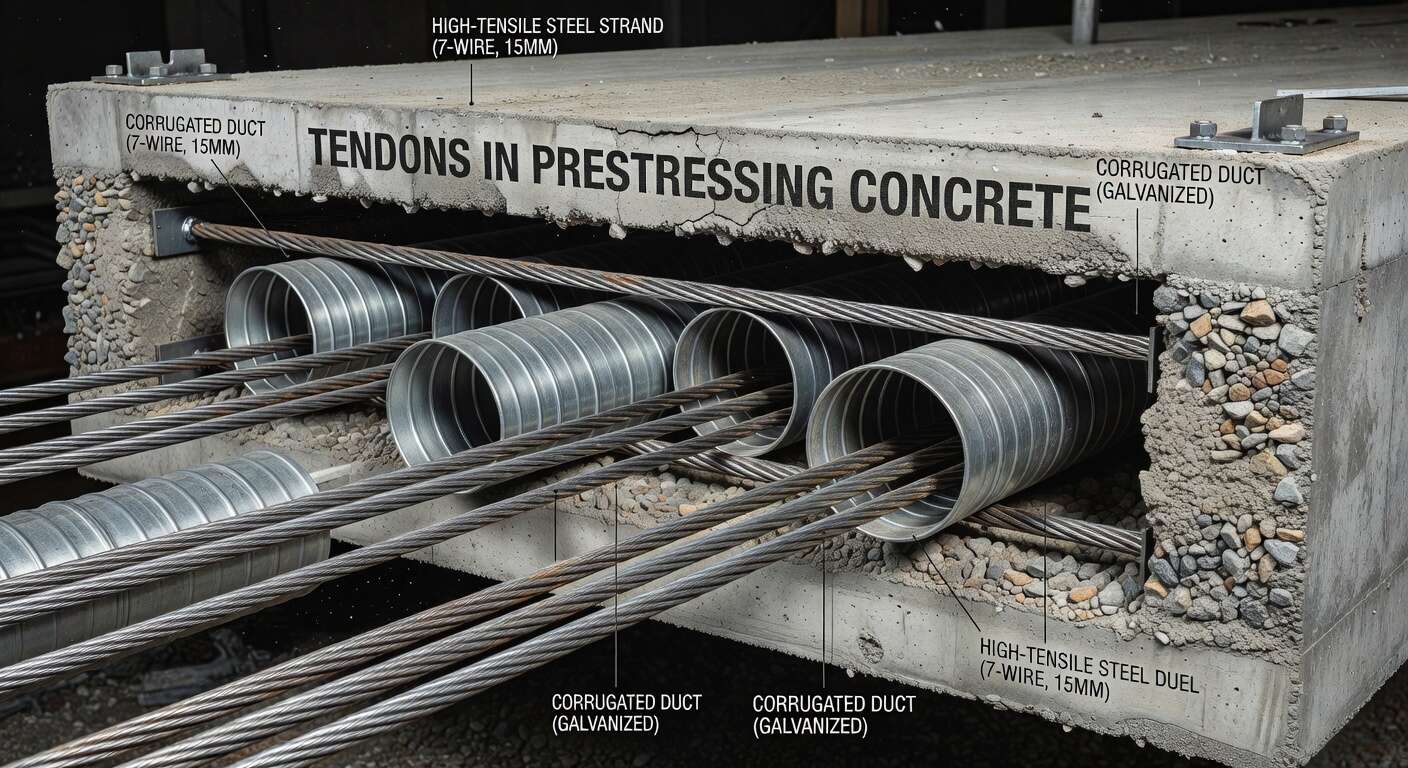 Tendons in prestressing concrete shown inside a precast concrete section with high-tensile steel strands and galvanized corrugated ducts
