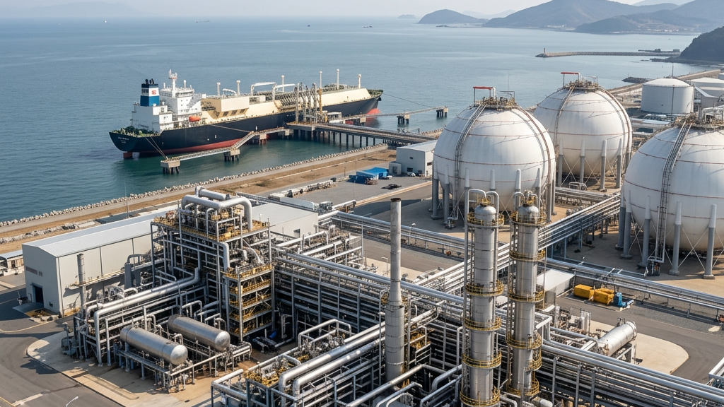 LNG terminal showing storage tanks, industrial piping, and a docked tanker ship, illustrating what is LNG used for in energy storage, transport, and infrastructure.