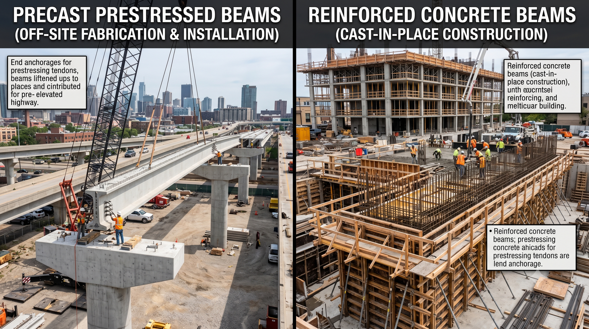 Side-by-side comparison of precast prestressed vs reinforced concrete beams, showing a prestressed bridge beam being lifted into place and cast-in-place reinforced concrete formwork with rebar on a construction site