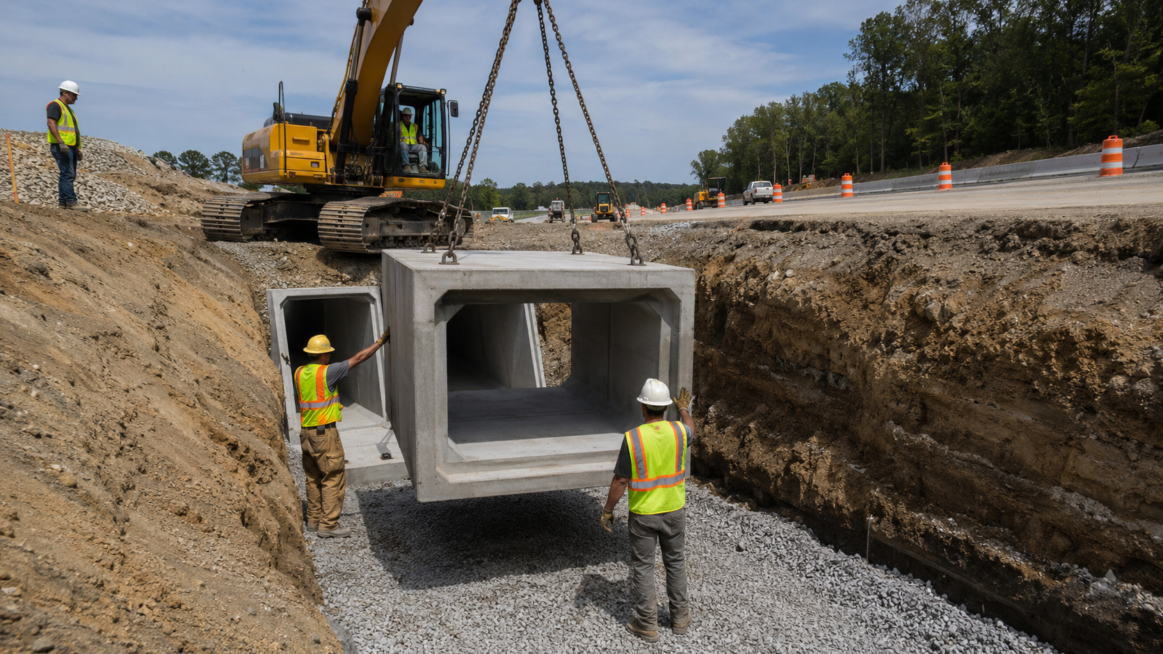 Concrete culvert installation at a construction site showing how site conditions, equipment, and drainage design can affect concrete culvert cost
