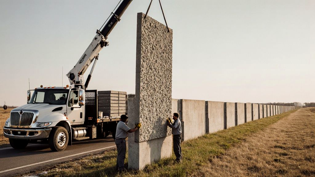 Crew guiding a stone-textured precast concrete fence panel into a slotted column beside a rural Texas road