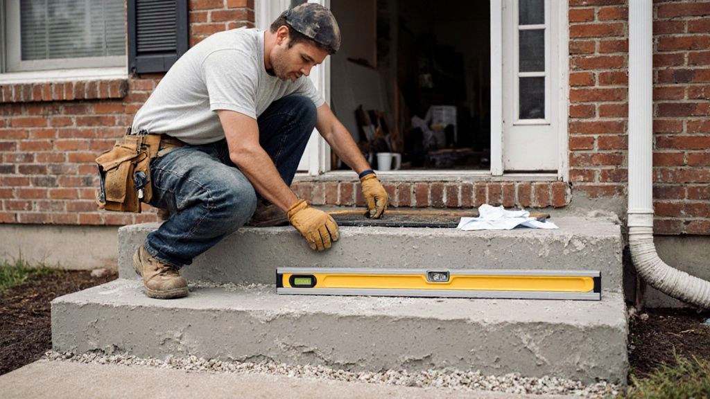 A contractor laying a four-foot level across the treads of a newly set precast concrete step unit at a home entrance to verify riser consistency