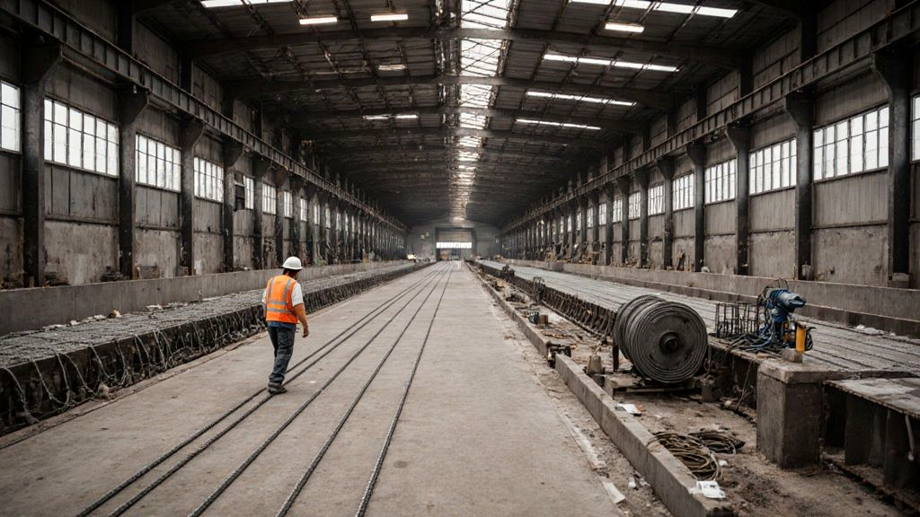 Long pretensioning casting bed where prestressed concrete members are made, steel strands stretched its full length