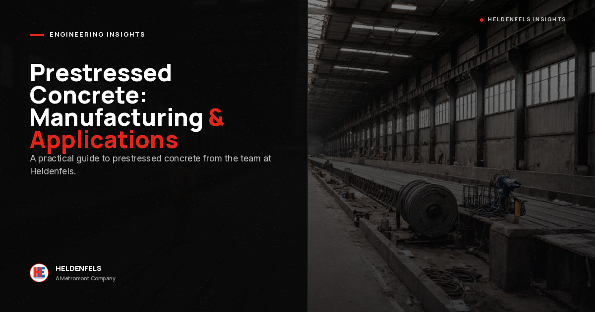 A large industrial warehouse with rows of long concrete beams; text reads “Prestressed Concrete: Manufacturing & Applications” with company branding for Heldenfels.