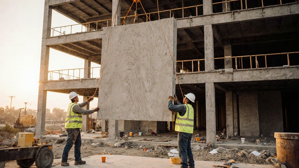 Signature building systems in action as an architectural precast insulated wall panel is craned into place on a modern commercial facade at golden hour