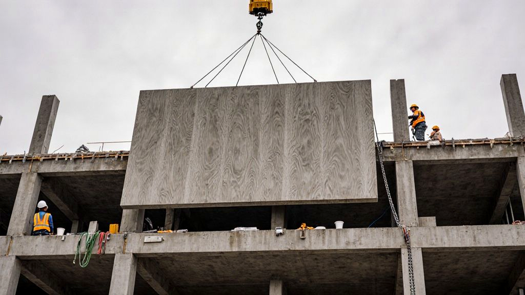 Crane lifting a signature building systems architectural precast wall panel with board-formed texture onto a multi-story commercial frame
