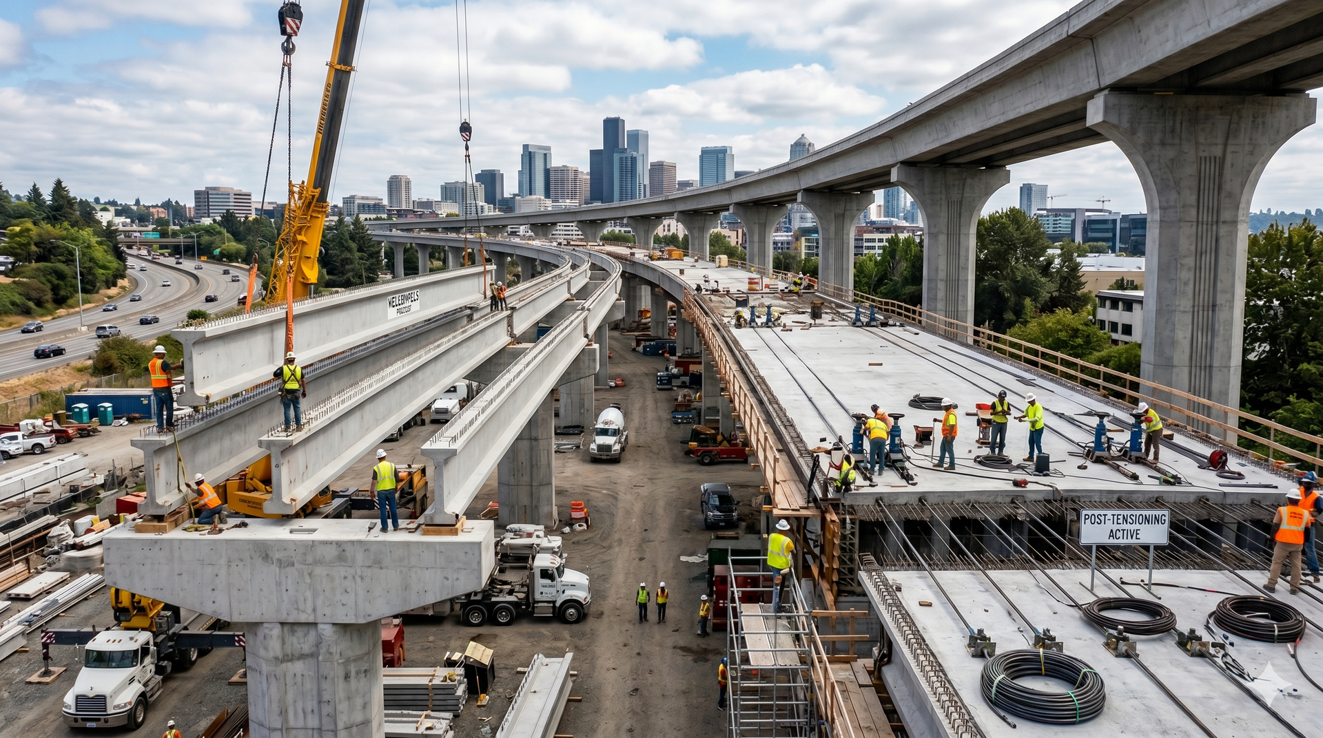 A side-by-side infrastructure construction site showcasing precast vs post-tensioned concrete methods