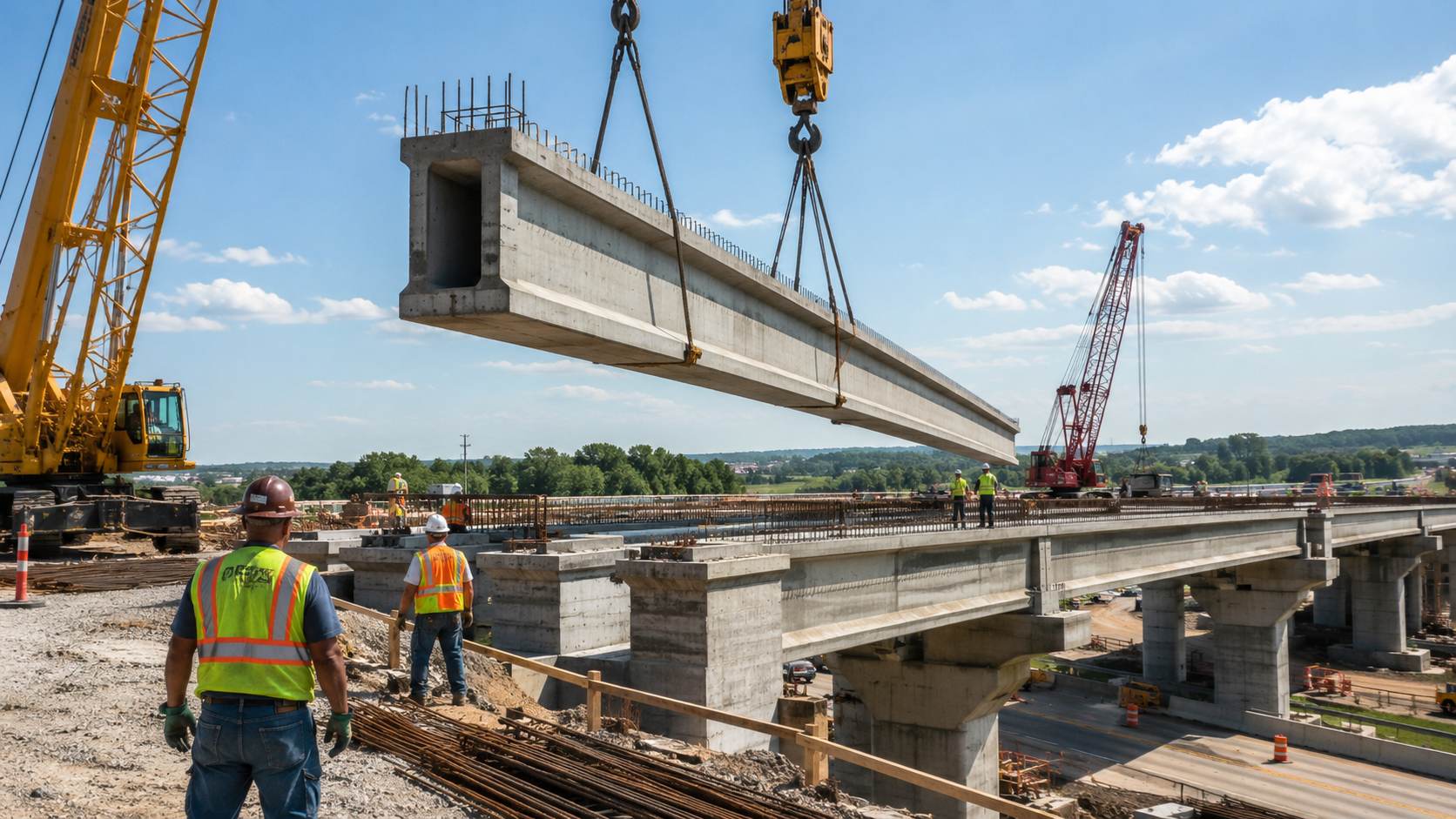 Construction crew installing a large prestressed concrete bridge girder, showing what is pre-stressed concrete used for in highway infrastructure projects