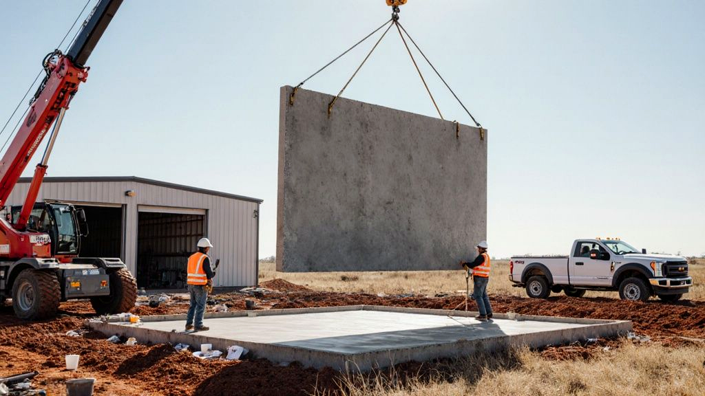 Precast concrete wall panel being craned into place on a foundation for a durable storage shed, compared to shed construction materials like wood and metal