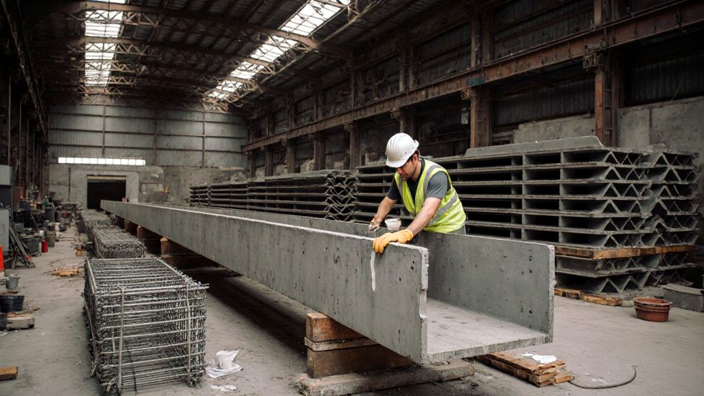 Reusable steel casting form being cleaned and re-oiled in a precast concrete yard to reduce construction materials surplus