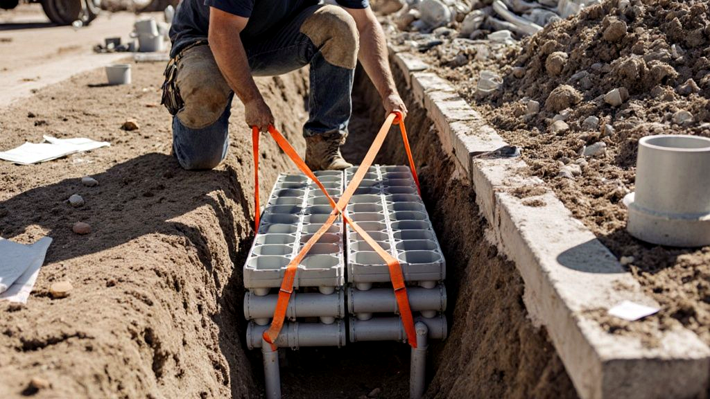 Electrician setting interlocking duct bank spacers in an open trench before the concrete encasement pour