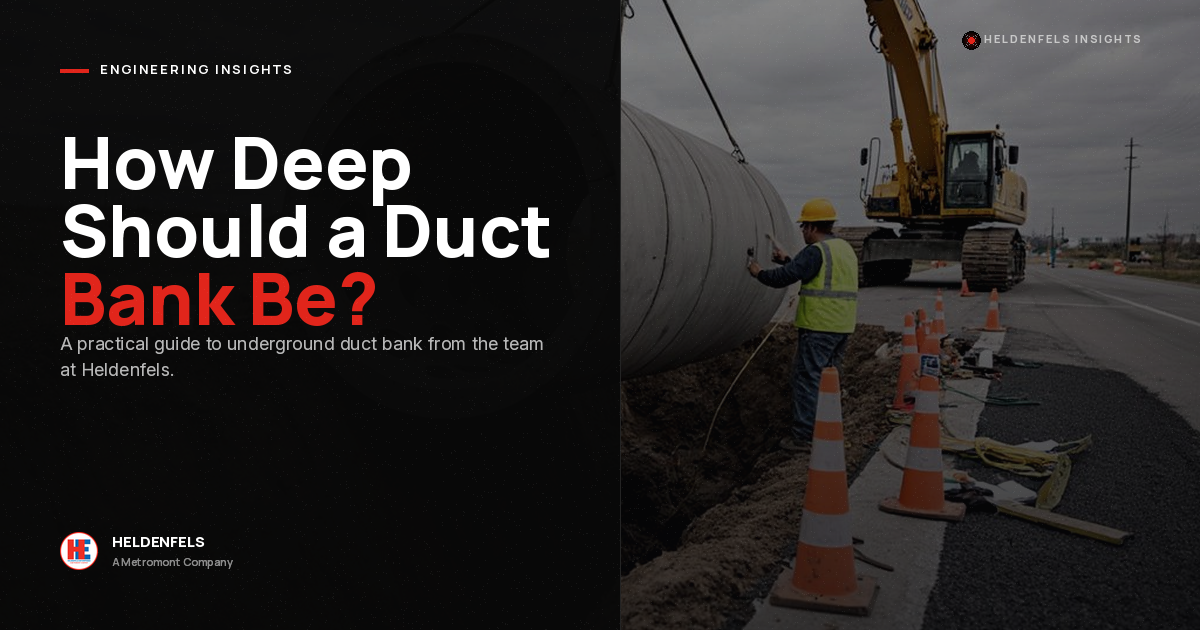 A worker in a safety vest guides an excavator placing a large duct near a trench, with traffic cones lining the construction site. Text reads: "How Deep Should a Duct Bank Be? Engineering Insights.