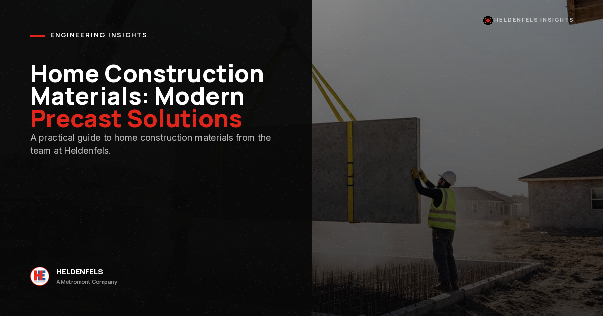 A worker in a safety vest guides a large precast concrete panel being lifted by a crane at a construction site. Text reads: “Home Construction Materials: Modern Precast Solutions.”.