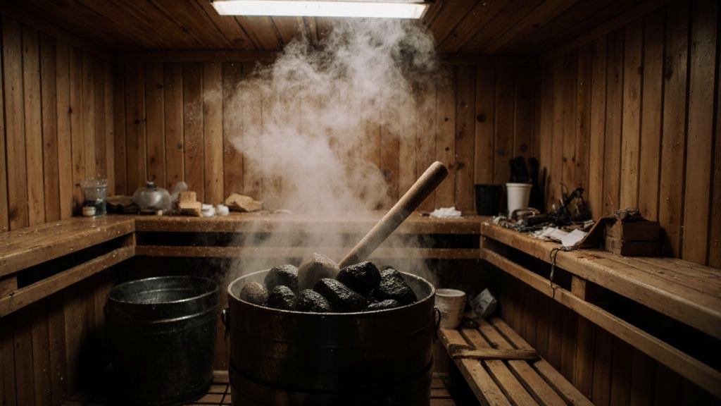 Steam rising off hot rocks inside a sauna, condensation on the upper walls showing the moisture load on sauna construction materials