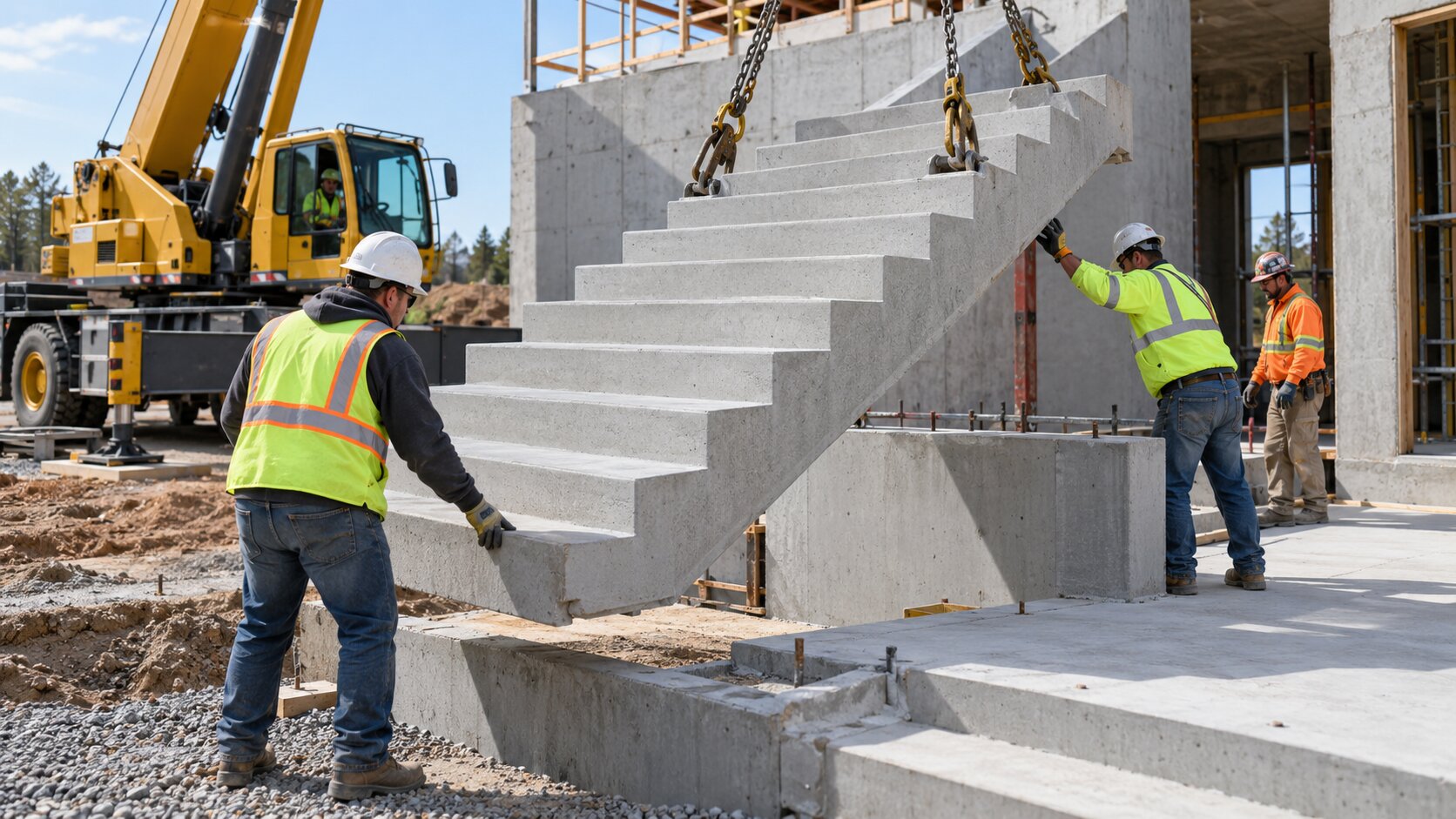 Construction crew installing a precast concrete staircase with a crane at a building site.