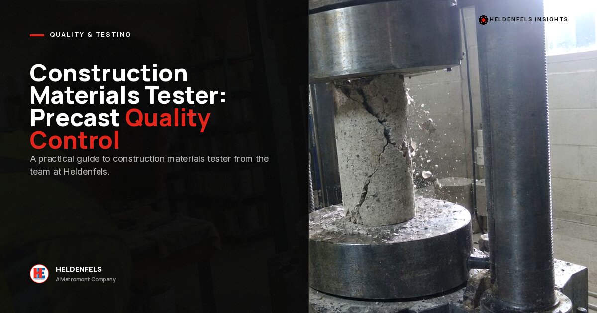 A cylindrical concrete sample being crushed under a testing machine, with text reading “Construction Materials Tester: Precast Quality Control.”